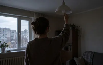 A woman turns on the lights in a room during scheduled power outages in Ukraine