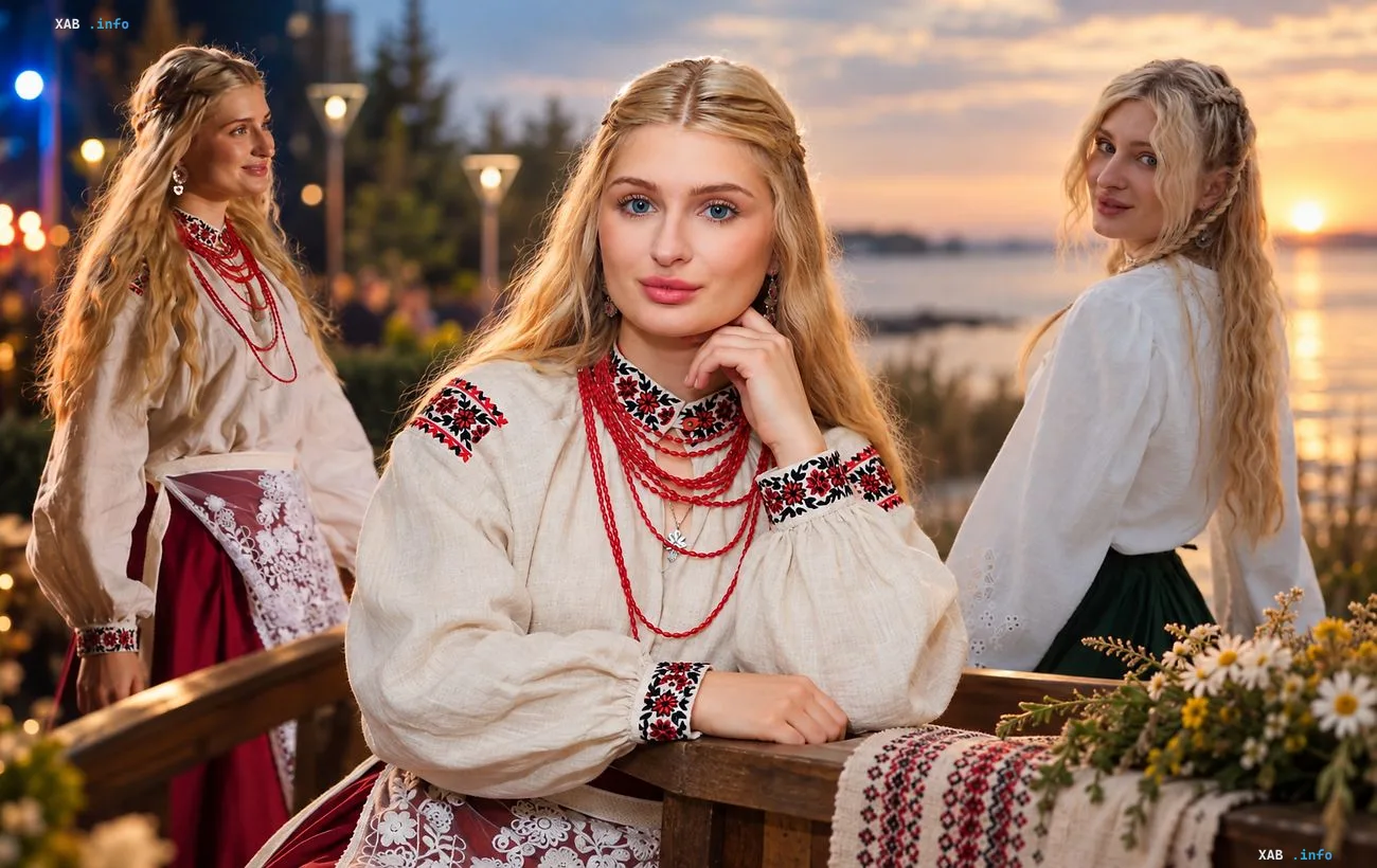 Виточка Зварич в традиционной украинской вышиванке с бусами на фоне заката