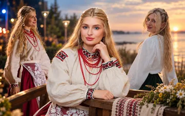 Виточка Зварич в традиционной украинской вышиванке с бусами на фоне заката