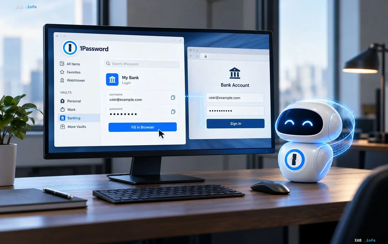 Computerbildschirm mit 1Password-Schnittstelle und kleiner Roboter-Assistent auf dem Schreibtisch