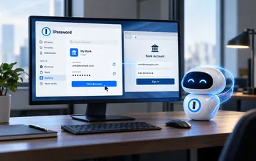 Computerbildschirm mit 1Password-Schnittstelle und kleiner Roboter-Assistent auf dem Schreibtisch