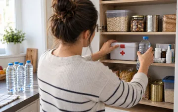 Frau räumt haltbare Lebensmittel, Trinkwasser und einen Erste-Hilfe-Kasten in einen Küchenschrank ein