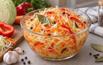 Прозрачная стеклянная миска с хрустящей маринованной капустой, морковью, болгарским перцем и лавровым листом