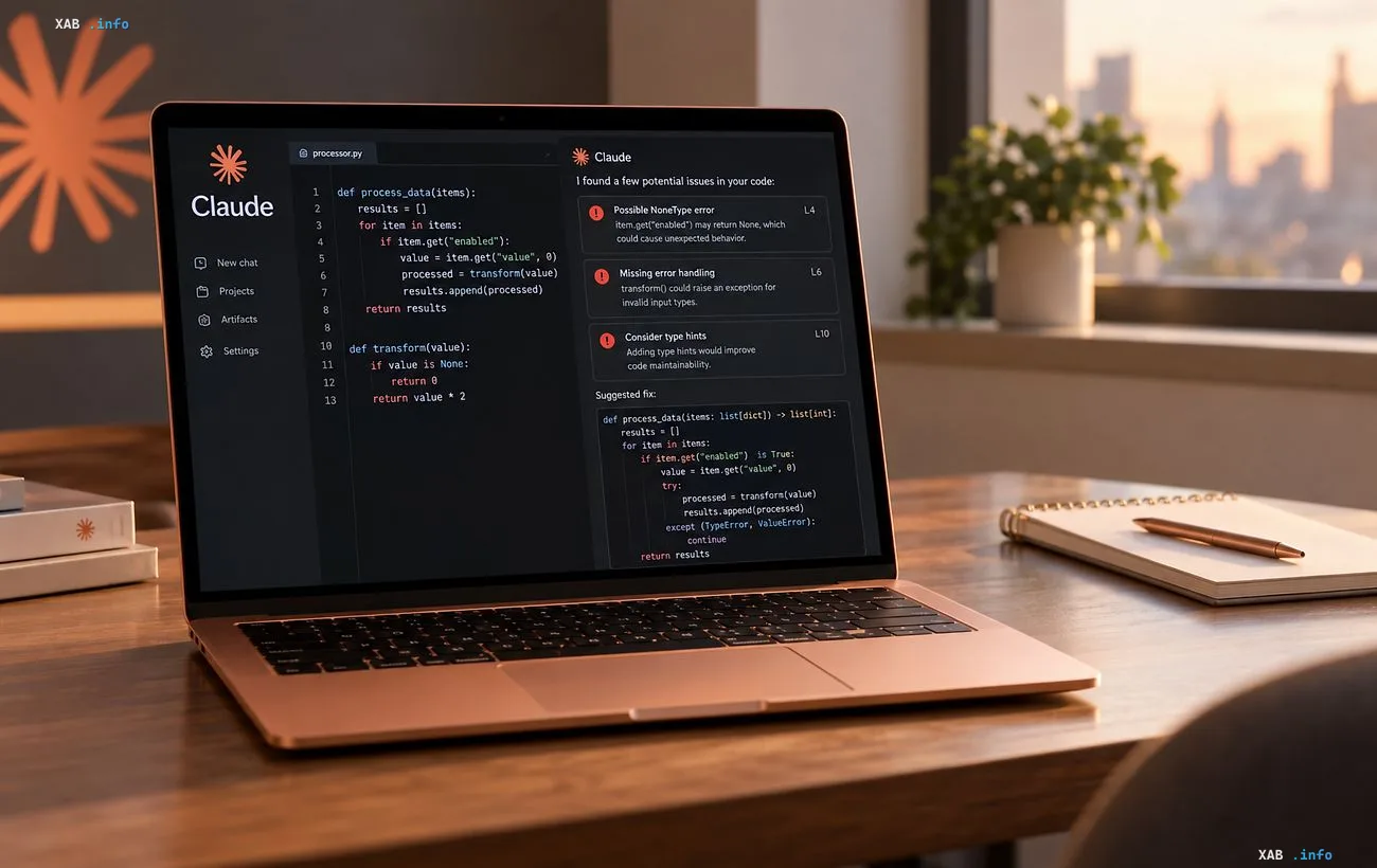 Laptop auf einem Holztisch mit der Claude-KI-Schnittstelle und Code auf dem Bildschirm