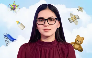 Young woman in glasses against the background of clouds with icons of baby goods and money