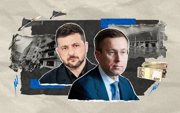 Президент Украины Владимир Зеленский и премьер-министр Сергей Корецкий на фоне разрушений и дронов