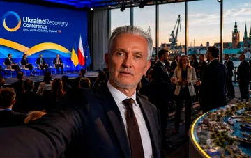 Мужчина в костюме делает селфи на фоне конференции по восстановлению Украины в Гданьске