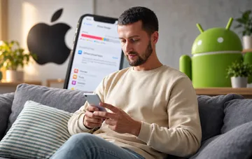 Мужчина на диване держит смартфон в руках рядом с макетами логотипа Apple и фигуркои андроида