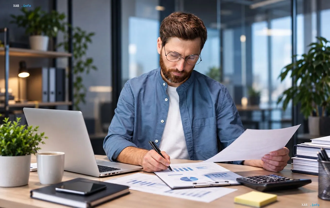 A man in glasses at a desk with a laptop checking financial documents and making calculations