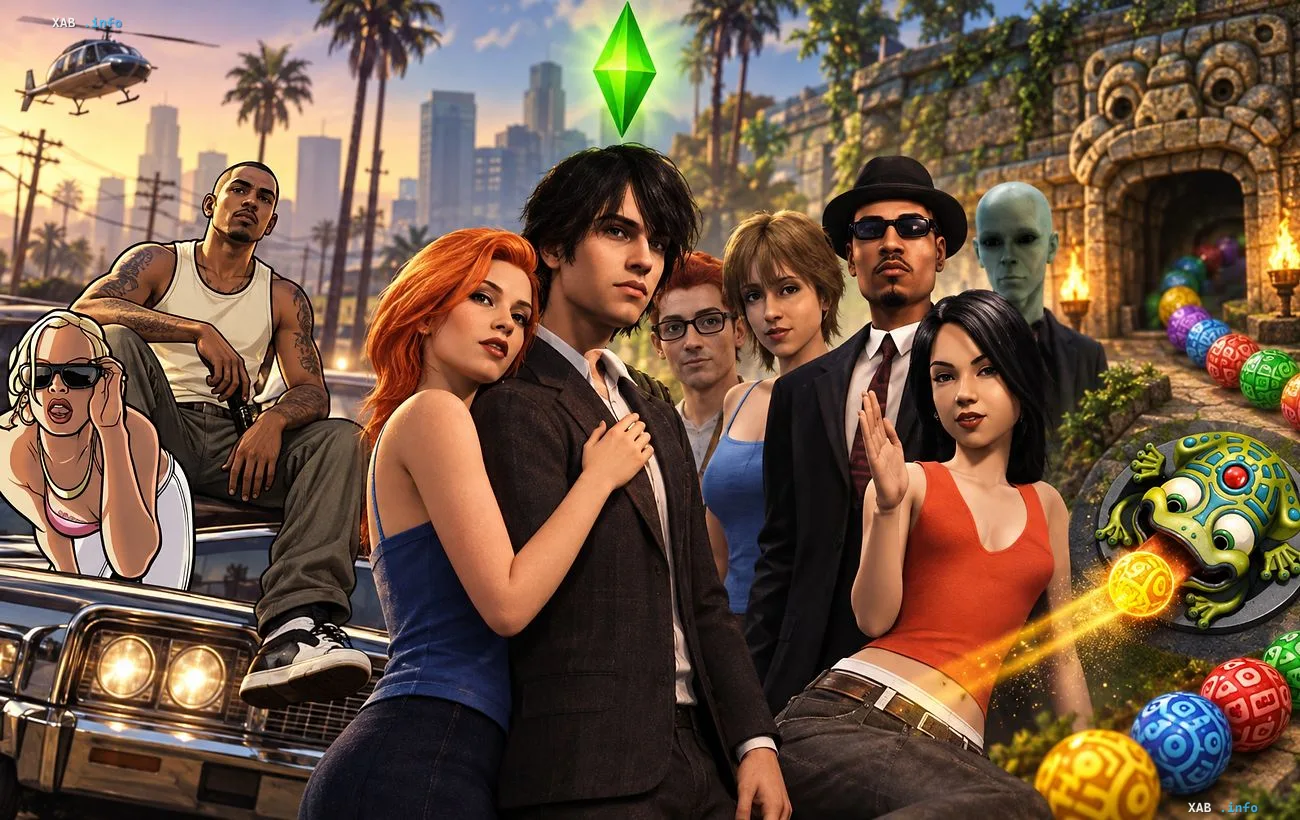 Collage mit Charakteren und Symbolen von Kult-Computerspielen aus den 2000er Jahren einschließlich The Sims und Zuma