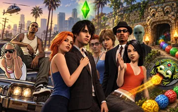 Collage mit Charakteren und Symbolen von Kult-Computerspielen aus den 2000er Jahren einschließlich The Sims und Zuma