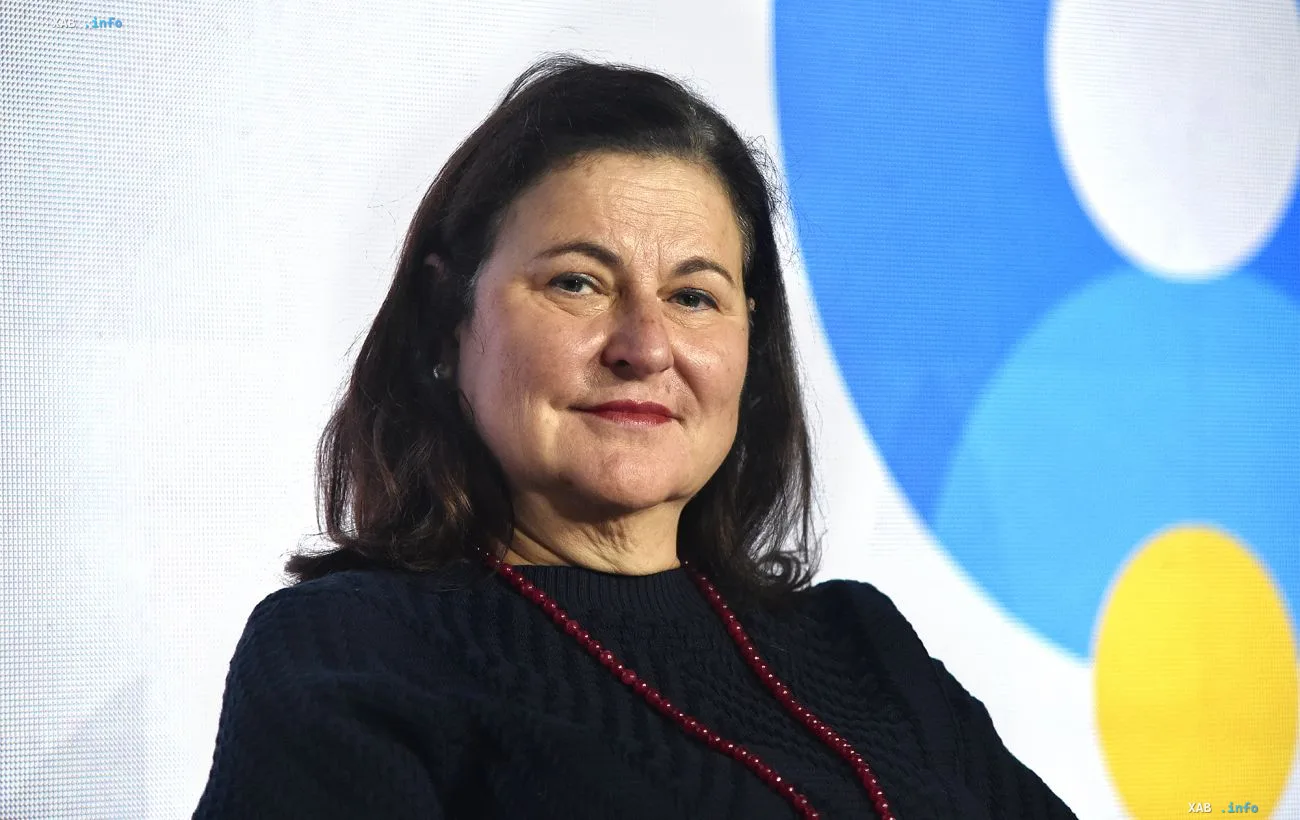 EU Ambassador to Ukraine Katarina Maternova speaking at an event against blue and white background