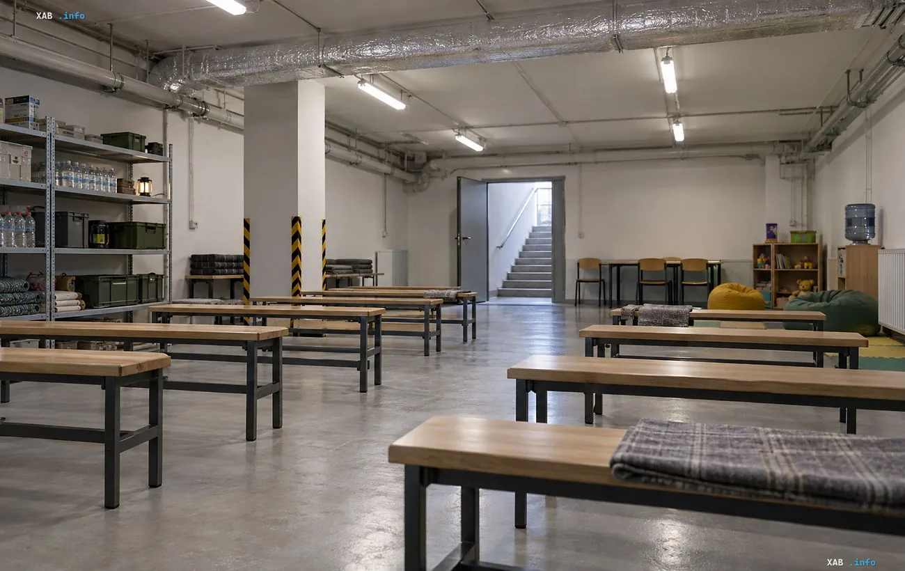 Renovated and equipped basement shelter in a school with benches and supplies
