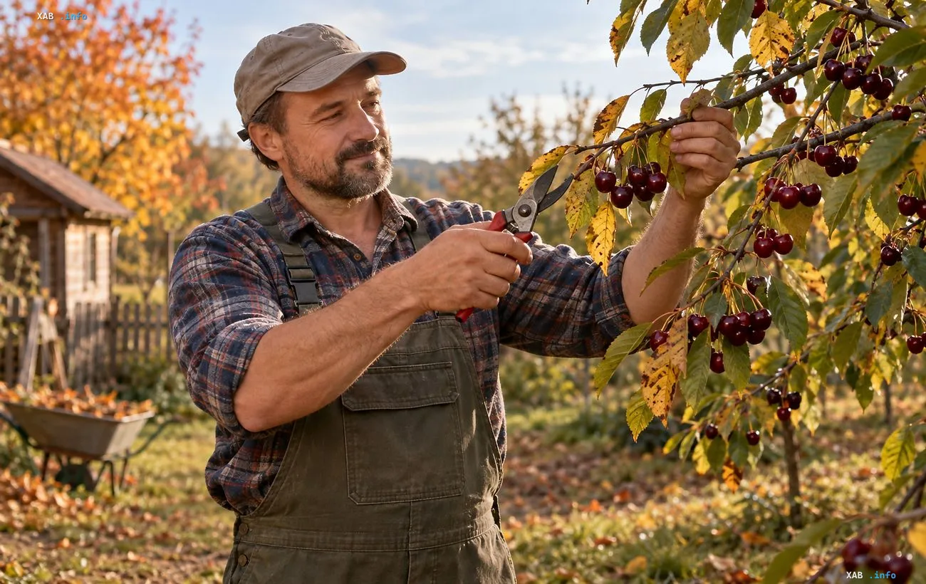 A gardener in a cap and overalls prunes cherry tree branches with secateurs in an autumn orchard.