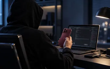 Person mit Kapuzenpulli sitzt im Dunkeln am Laptop und prüft ein Smartphone