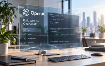 Прозрачный футуристический монитор на рабочем столе с открытым кодом OpenAI API и интерфейсом разработчика