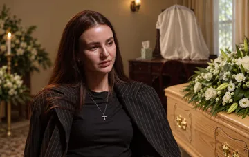 Женщина в строгом темном костюме с крестом на шее сидит на похоронах рядом с гробом