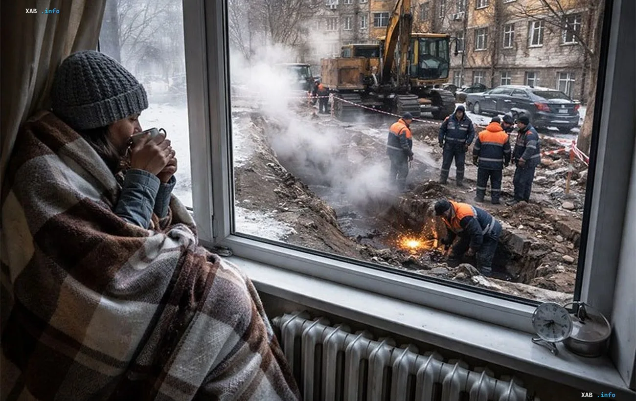 Жінка сидить біля вікна під пледом із чашкою гарячого напою, поки на вулиці комунальні служби усувають аварію на теплотрасі