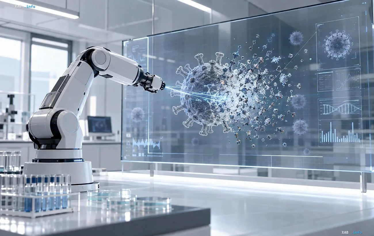 Labor-Roboterarm analysiert ein Virus vor dem Hintergrund eines virtuellen holografischen Displays