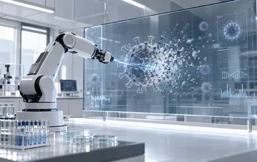 Labor-Roboterarm analysiert ein Virus vor dem Hintergrund eines virtuellen holografischen Displays