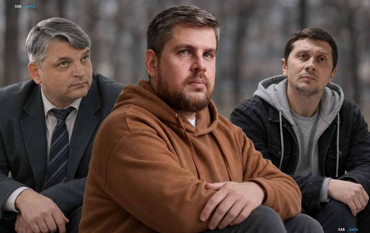 Drei Männer in unterschiedlicher Kleidung stehen vor einem verschwommenen Stadthintergrund