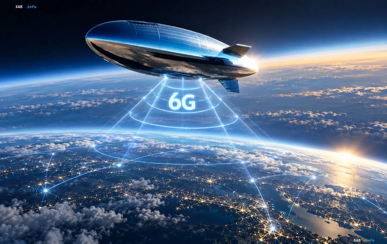 футуристический стратосферный дирижабль передает сигнал 6g на Землю над облаками