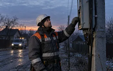 Электромонтер в защитной каске ремонтирует распределительный шкаф на фоне утреннего неба в Житомирской области