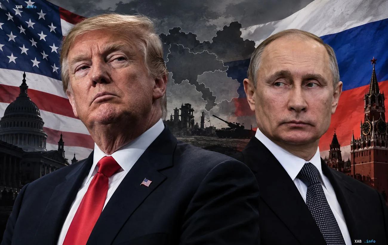 Дональд Трамп и Владимир Путин на фоне государственных флагов США и России, символизирующих геополитическое противостояние.