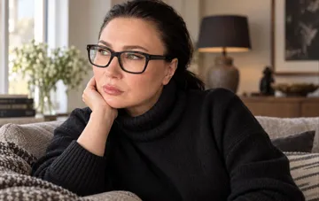 Украинский продюсер Елена Мозговая в очках и черной водолазке задумчиво смотрит в сторону дома
