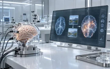 Transparent model of the human brain with connected wires in a laboratory and a monitor showing brain scans