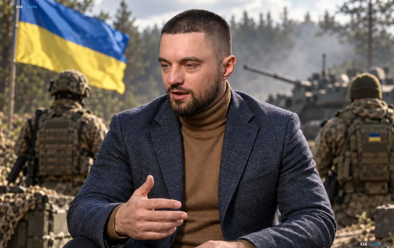Украинский хореограф и победитель Танцев со звездами Макс Леонов в пиджаке и водолазке дает интервью на фоне украинского флага и военных