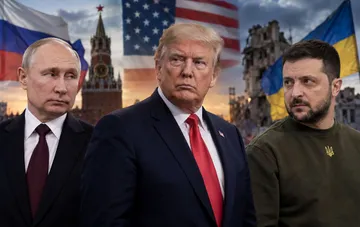 Владимир Путин, Дональд Трамп и Владимир Зеленский на фоне руин и флагов России, США и Украины