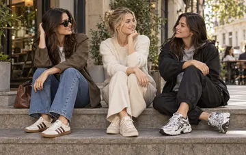 Three stylish girls sitting on steps and chatting while showcasing trendy sneaker models