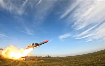 Launch of a Ukrainian cruise missile from a ground-based launcher in a field