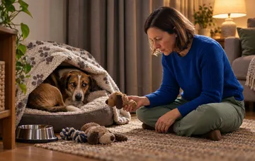 Woman comforting a frightened dog in its bed at home during a stressful situation