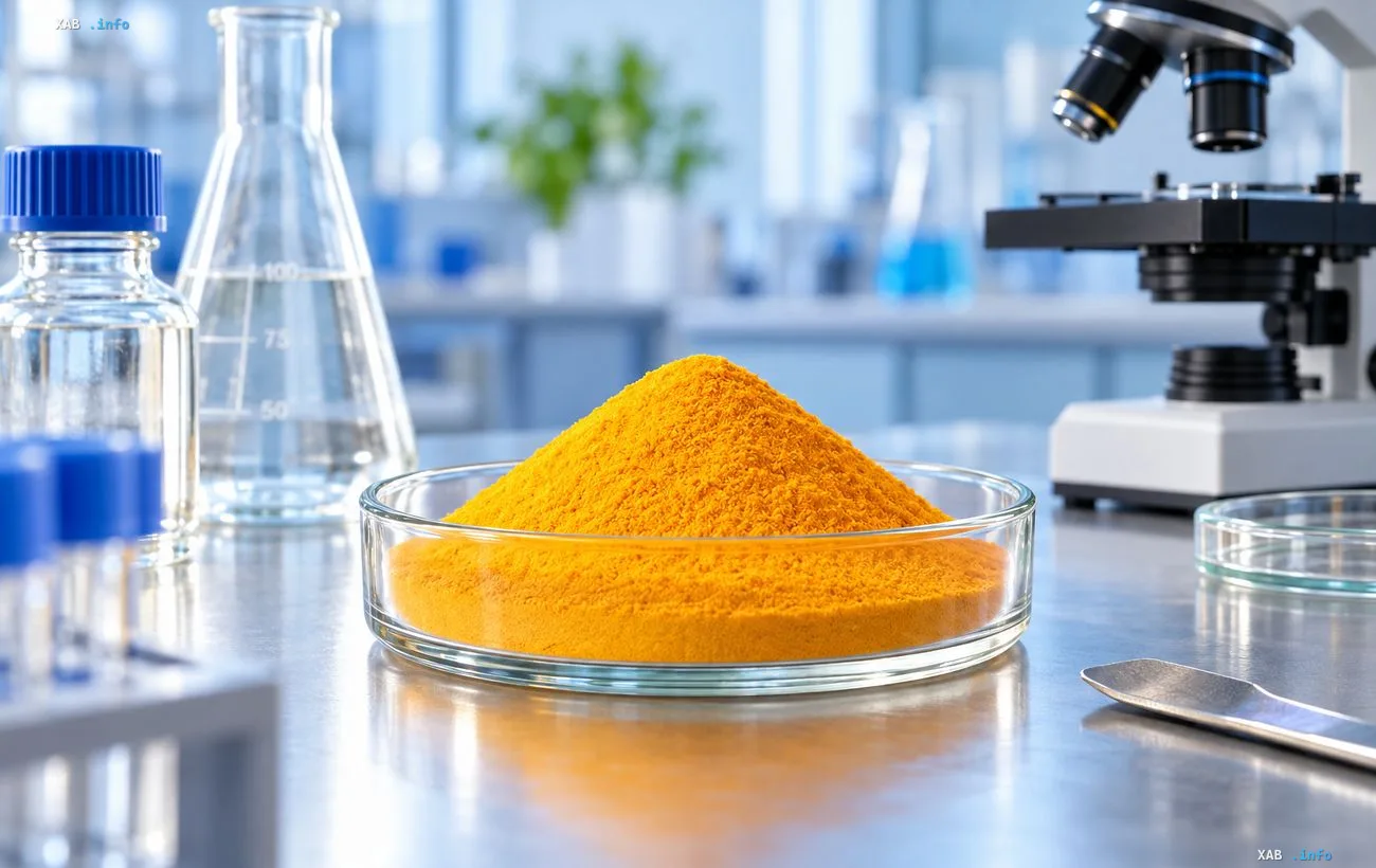 Laboratory glassware with test tubes, flasks, and a Petri dish with yellow vitamin B2 powder on a table