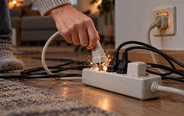 Eine Hand zieht einen Stecker aus einer Mehrfachsteckdose mit Funkenflug