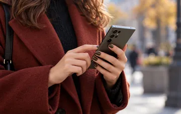 Женщина в бордовом пальто держит в руках современный смартфон на улице города