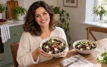 Woman holding a bowl of beet, chicken liver, and mozzarella salad in a bright kitchen