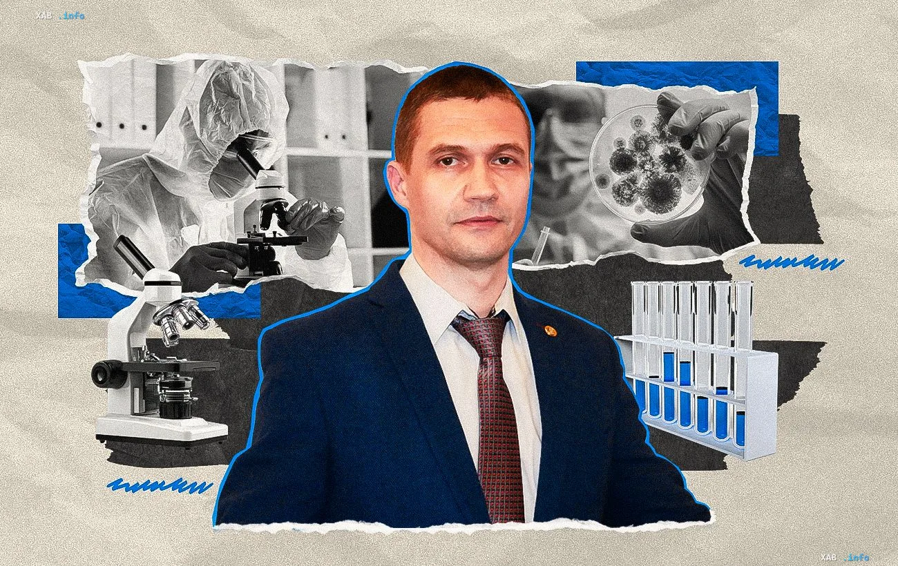 Портрет директора Института биологии клетки Константина Дмитрука на фоне колб, микроскопа и клеточных культур