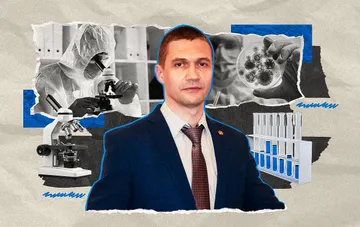 Портрет директора Института биологии клетки Константина Дмитрука на фоне колб, микроскопа и клеточных культур