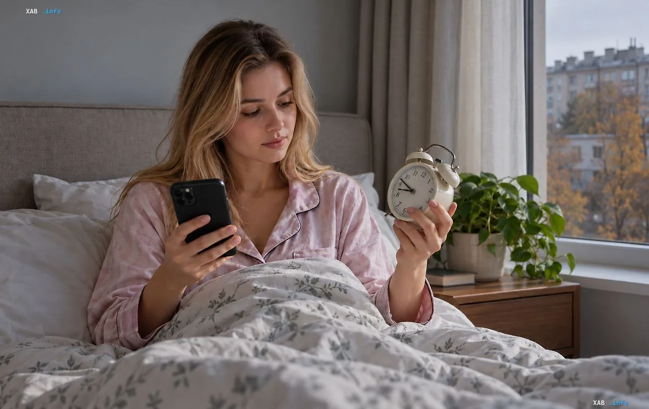 Женщина в пижаме в постели держит в руках смартфон и будильник во время перевода часов