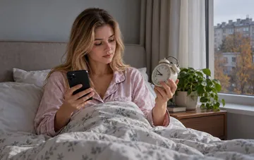 Женщина в пижаме в постели держит в руках смартфон и будильник во время перевода часов