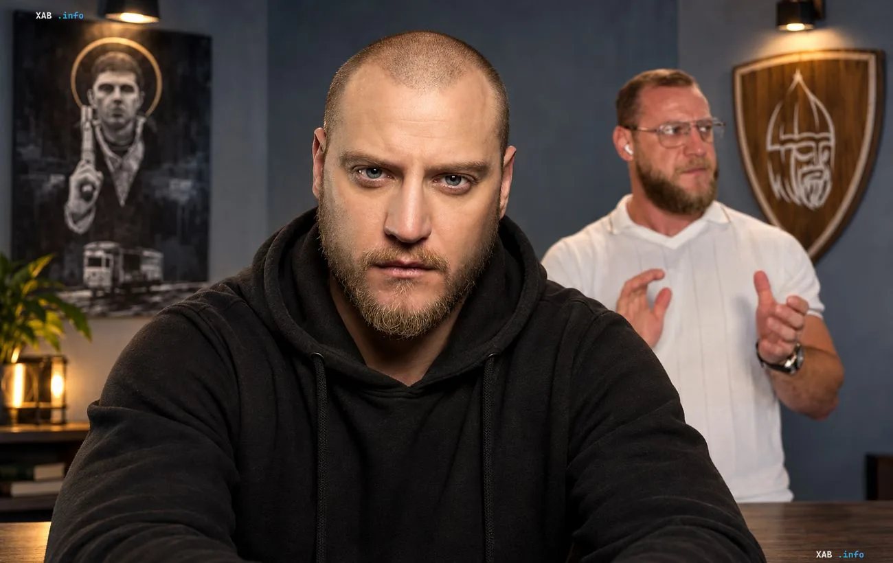 Der russische Rapper und Nationalist Mischa Mawaschi in einem schwarzen Hoodie vor der Kamera