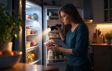 Женщина с фонариком осматривает продукты внутри открытого холодильника в темноте