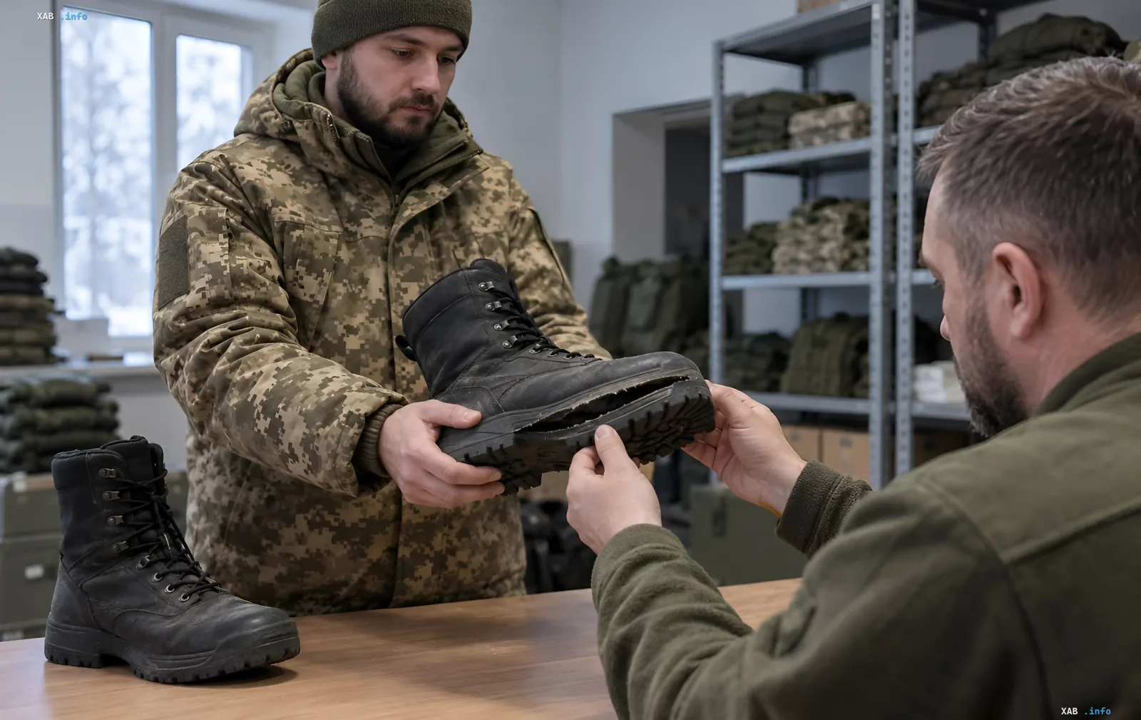 A Ukrainian serviceman inspects a damaged winter army boot with a peeling sole at a supply warehouse