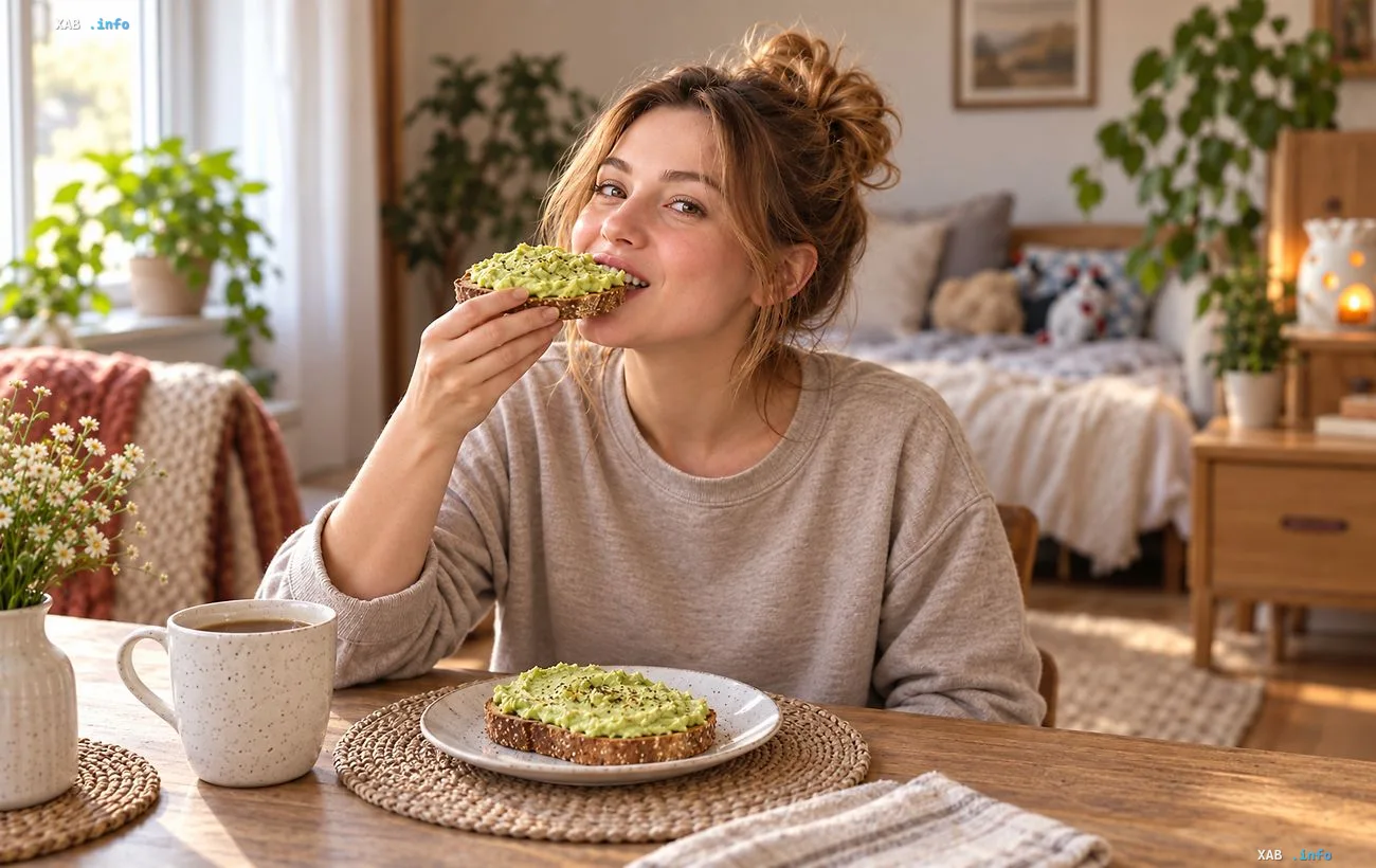 Красивая молодая женщина за столом ест вкусный бутерброд с авокадо и куриной намазкой на завтрак