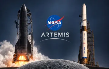 Тяжелые ракеты Starship и New Glenn на стартовых комплексах на фоне логотипа NASA Artemis и лунной поверхности