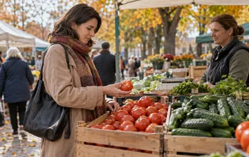 Eine Frau wählt frische Tomaten und Gurken auf einem Markt im Herbst aus