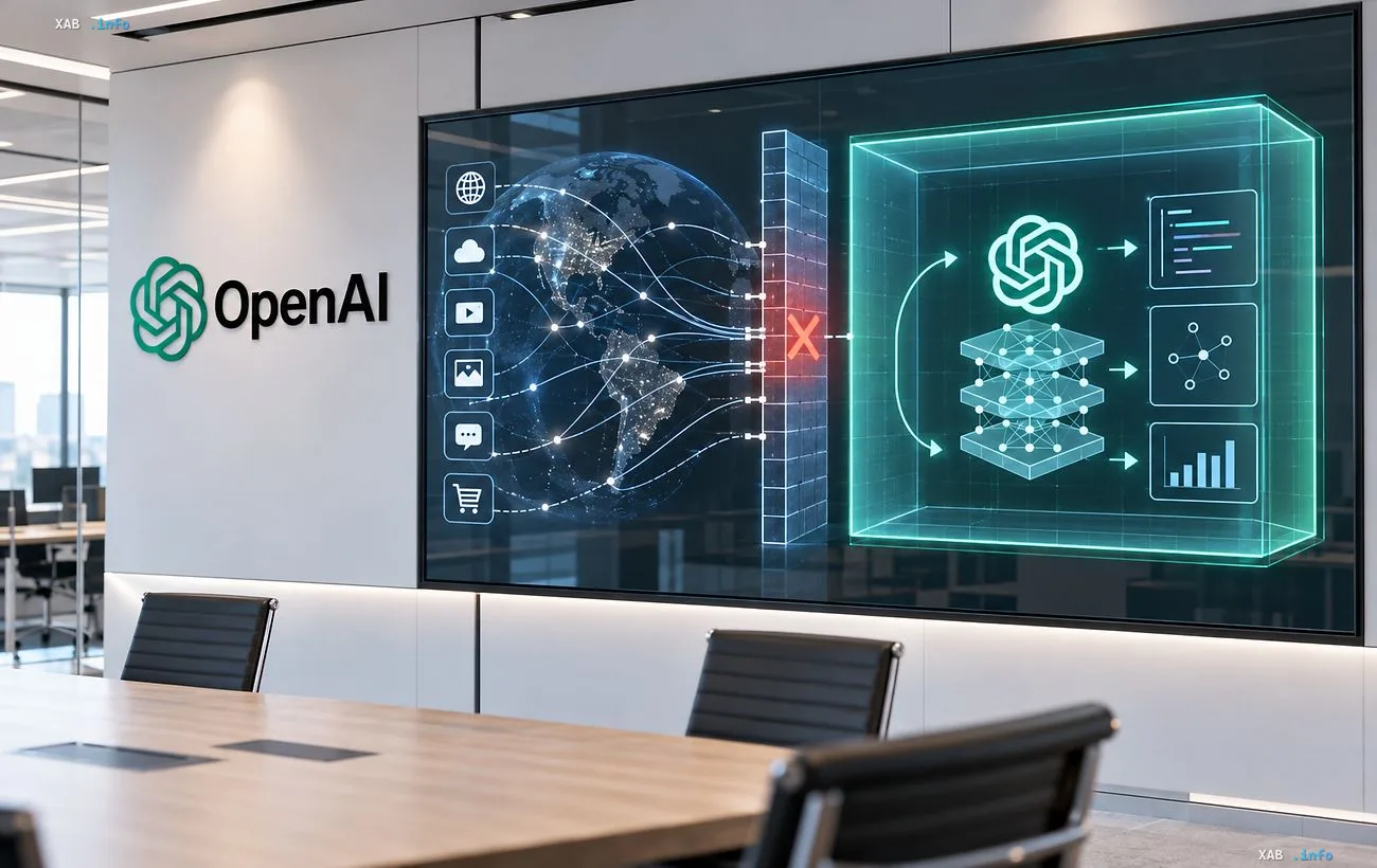 Логотип OpenAI на стене в офисе рядом с экраном, отображающим сетевую инфраструктуру и ИИ-модели.